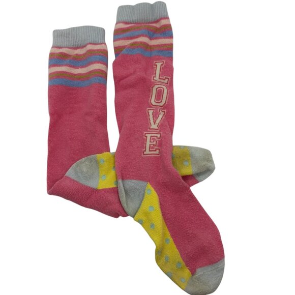 Matilda Jane Large Shoe 10-13 Pink & Yellow Knee-High Socks "Love" Text - Picture 1 of 2